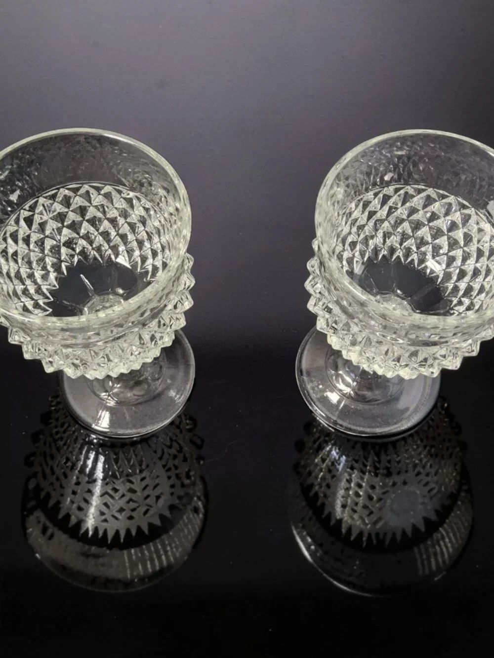 Vintage Set of 2 1960's Indiana Glass Diamond Point Clear Pedestal Wine Goblet.